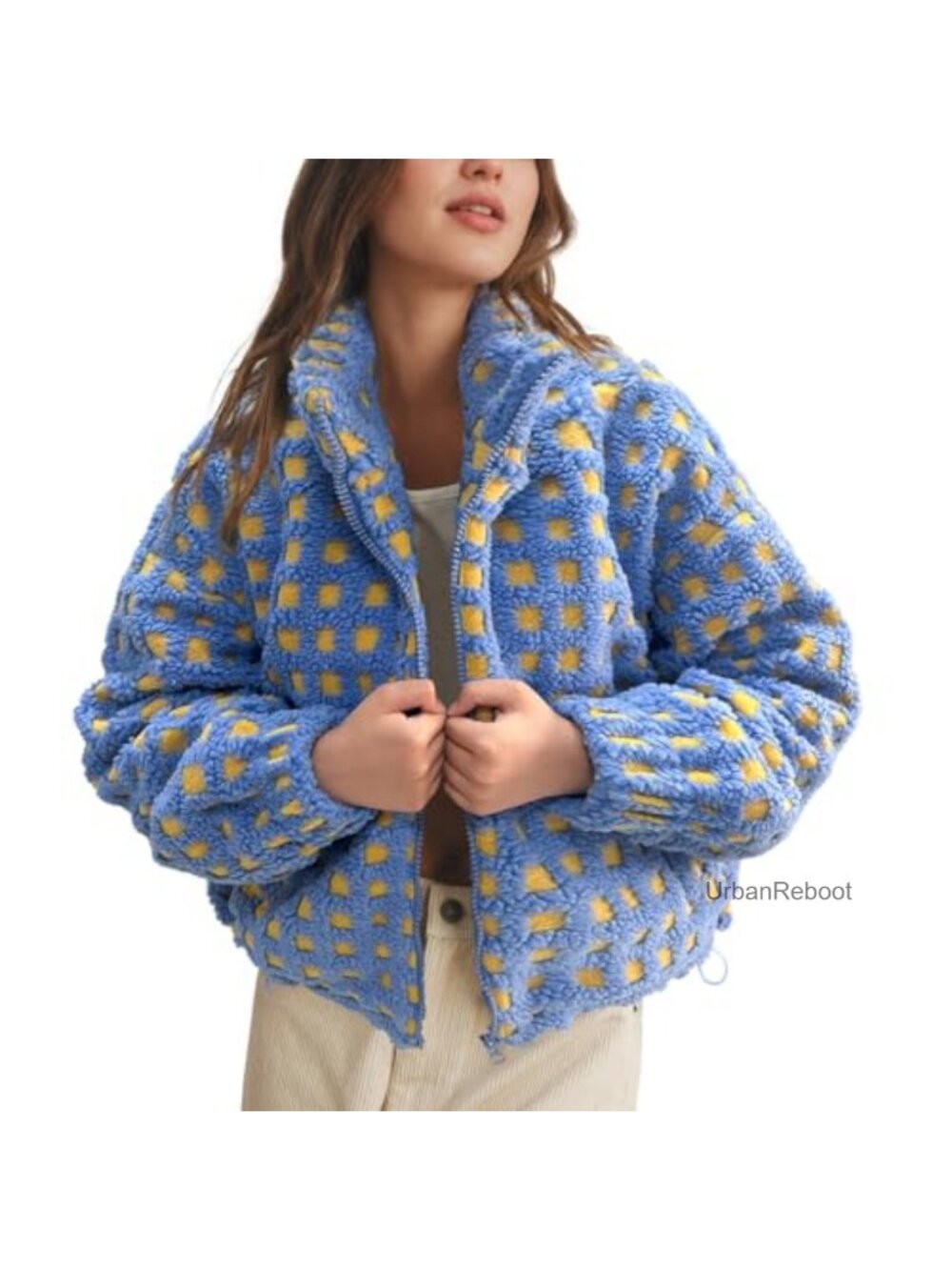 Womens Cropped Sherpa Fleece Plaid Zip Up Jacket Long Sleeve Casual Coat